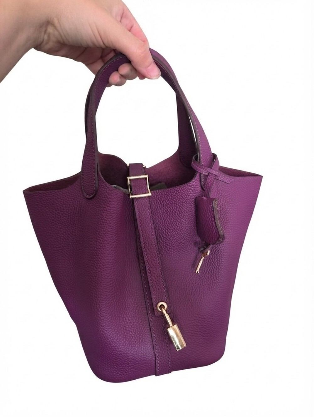 Italian Pebble Leather Bucket Bag Plum Purple Tote Handbag with Lock & Feet
